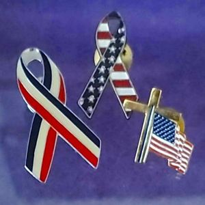 3 Red White and Blue PinBack Brooches 2 Awareness Ribbons 1 USA Flag With Cross